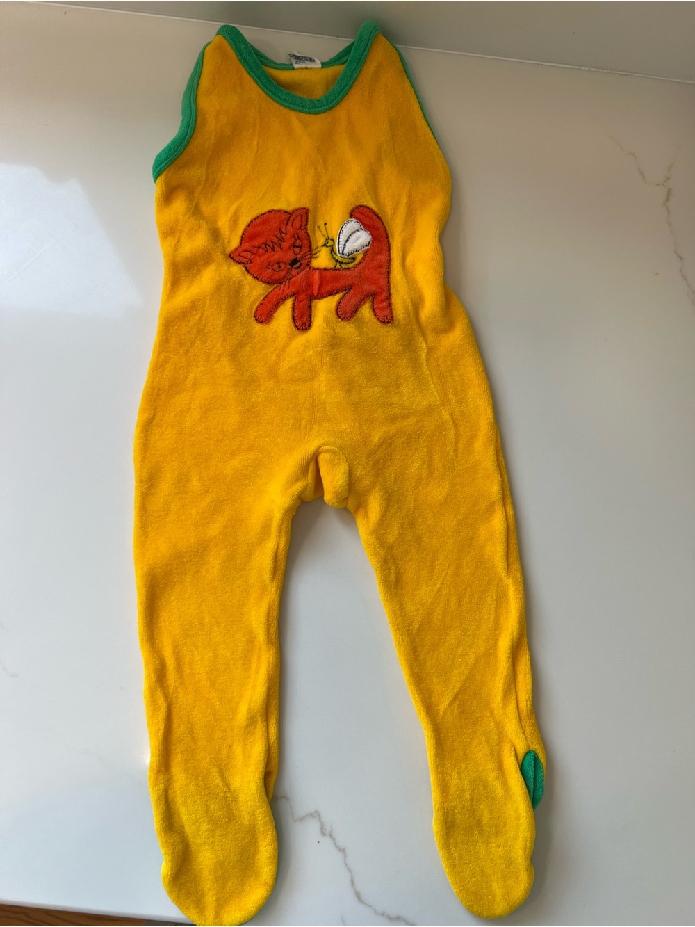 Vintage German Yellow Terry Cloth One-Piece Footed Romper with Cat Applique